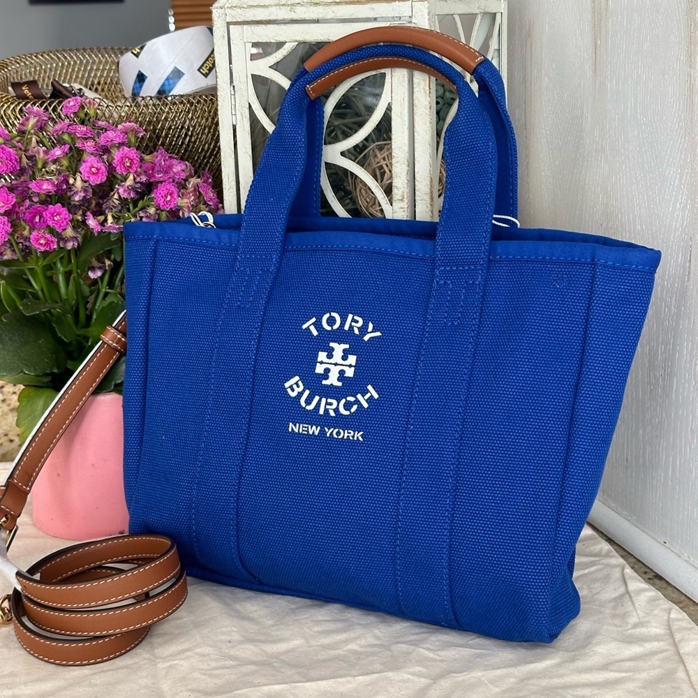 NWT Tory Burch canvas Tote, blue Dahlia, MSRP $349 - Picture 1 of 7